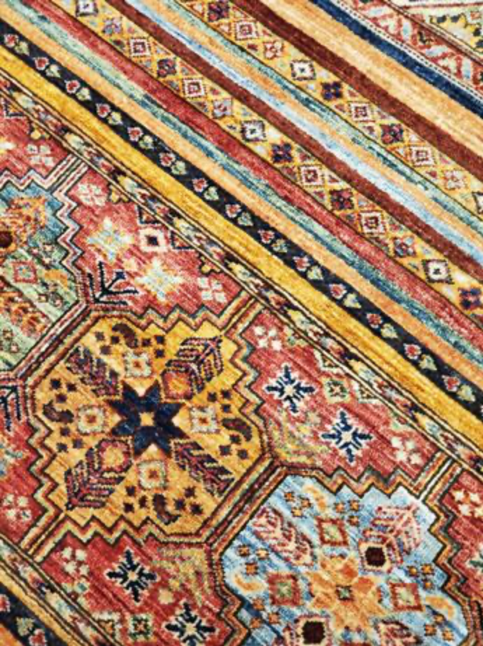 Nomad Collection - 4' 03" x 5' 10" - Multicolor Stripes - Tribal Rug - Wool Hand Knotted Rug