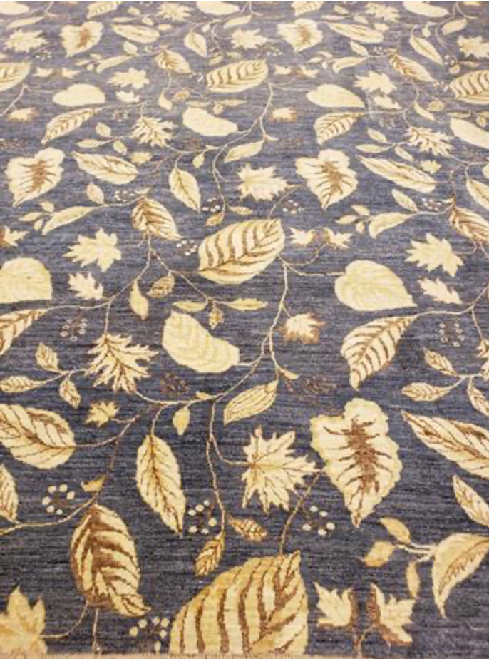 Indigo Collection - 8' 10" x 10' 11" (9' x 11') Wool Grey Leaves Area Rug - Modern Contemporary - Hand Knotted Area Rug