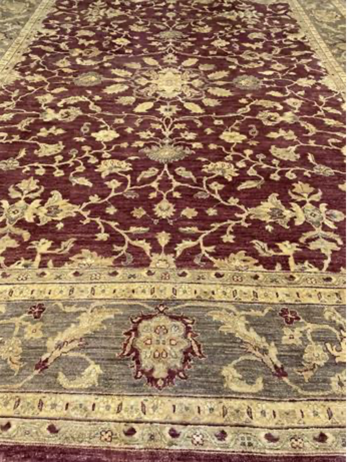 Indigo Collection - 9' 05" x 11' 07" Wool Red Beige Grey Traditional Floral Area Rug - Hand Knotted Area Rug