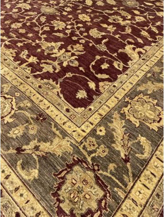 Indigo Collection - 9' 05" x 11' 07" Wool Red Beige Grey Traditional Floral Area Rug - Hand Knotted Area Rug