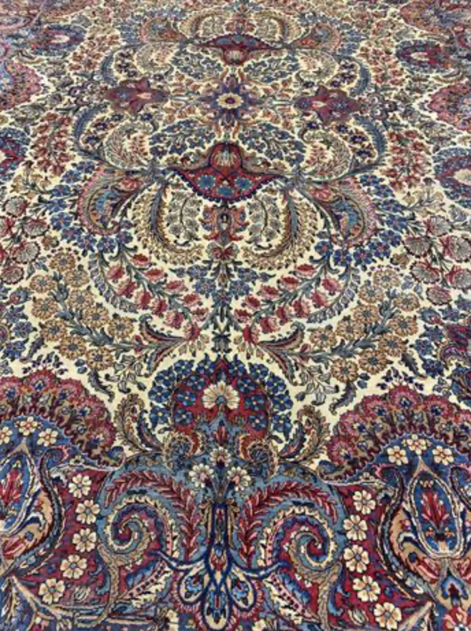 Vintage Persian Kirman Rug - 8' 07" x 11' 11" - Blue Ivory Red - Hand Knotted Vintage Kerman Wool Rug - Traditional Classic Vintage Rug