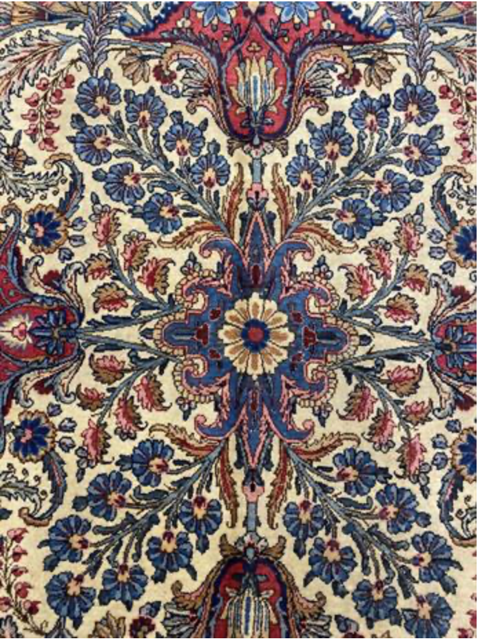 Vintage Persian Kirman Rug - 8' 07" x 11' 11" - Blue Ivory Red - Hand Knotted Vintage Kerman Wool Rug - Traditional Classic Vintage Rug