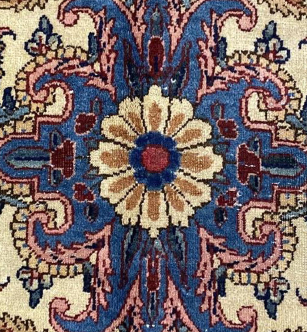 Vintage Persian Kirman Rug - 8' 07" x 11' 11" - Blue Ivory Red - Hand Knotted Vintage Kerman Wool Rug - Traditional Classic Vintage Rug