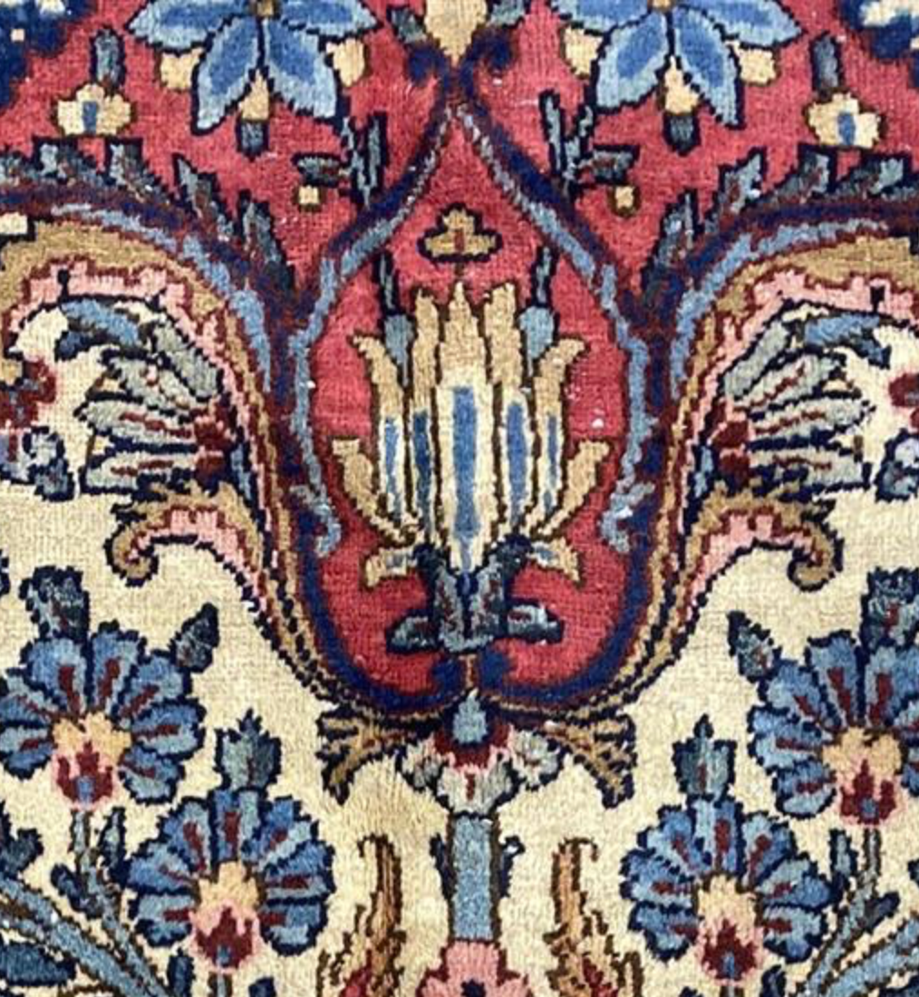 Vintage Persian Kirman Rug - 8' 07" x 11' 11" - Blue Ivory Red - Hand Knotted Vintage Kerman Wool Rug - Traditional Classic Vintage Rug
