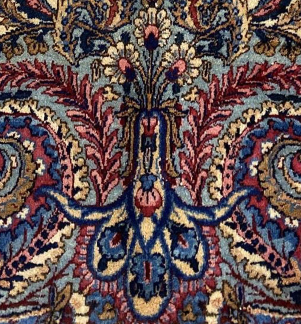 Vintage Persian Kirman Rug - 8' 07" x 11' 11" - Blue Ivory Red - Hand Knotted Vintage Kerman Wool Rug - Traditional Classic Vintage Rug
