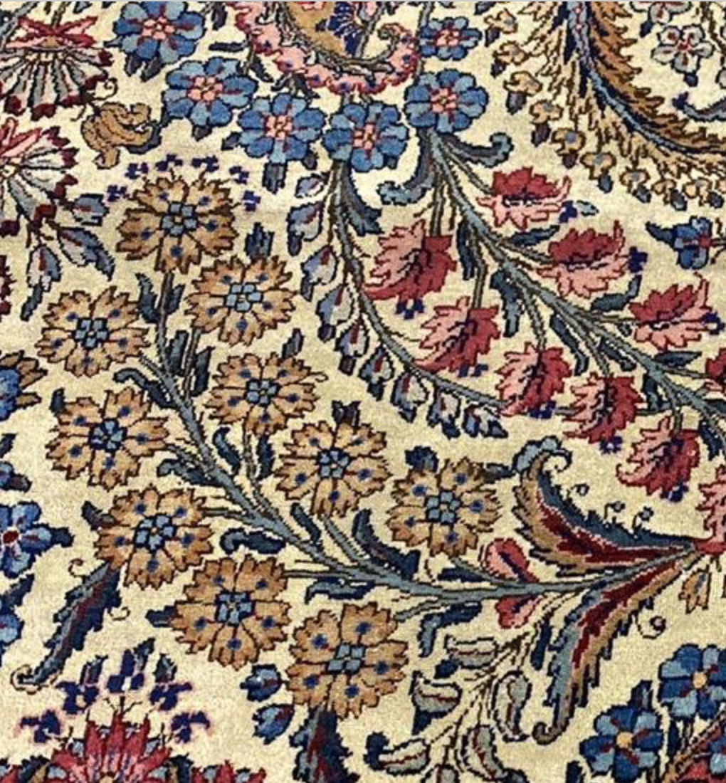 Vintage Persian Kirman Rug - 8' 07" x 11' 11" - Blue Ivory Red - Hand Knotted Vintage Kerman Wool Rug - Traditional Classic Vintage Rug