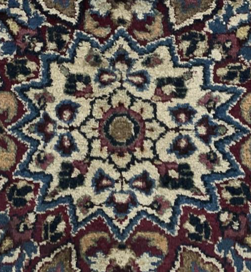 Persian Antique Mashhad - 4' 00" x 5' 05" - Blue & Dark Red - Hand Knotted Antique Persian Wool Mashhad Rug - Traditional Classic Antique Rug