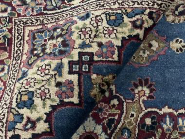 Persian Antique Mashhad - 4' 00" x 5' 05" - Blue & Dark Red - Hand Knotted Antique Persian Wool Mashhad Rug - Traditional Classic Antique Rug