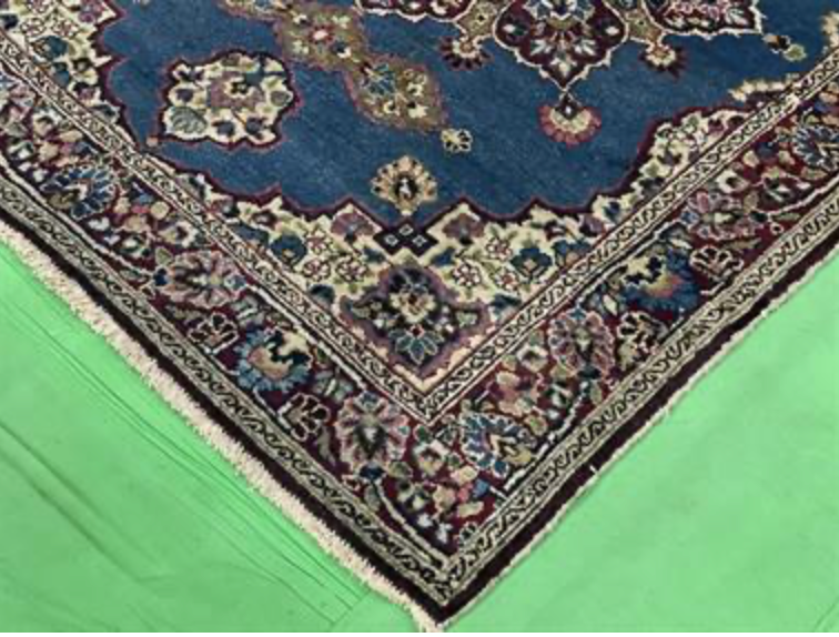 Persian Antique Mashhad - 4' 00" x 5' 05" - Blue & Dark Red - Hand Knotted Antique Persian Wool Mashhad Rug - Traditional Classic Antique Rug
