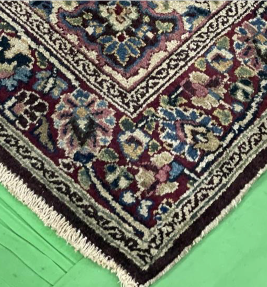 Persian Antique Mashhad - 4' 00" x 5' 05" - Blue & Dark Red - Hand Knotted Antique Persian Wool Mashhad Rug - Traditional Classic Antique Rug