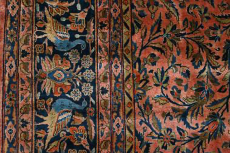 Persian Antique Manchester Kashan - 8' 07" x 11' 08" - Pink Peach Salmon & Dark Blue (Navy) - Hand Knotted Antique Persian Wool Manchester Kashan Rug - Traditional Classic Antique Rug