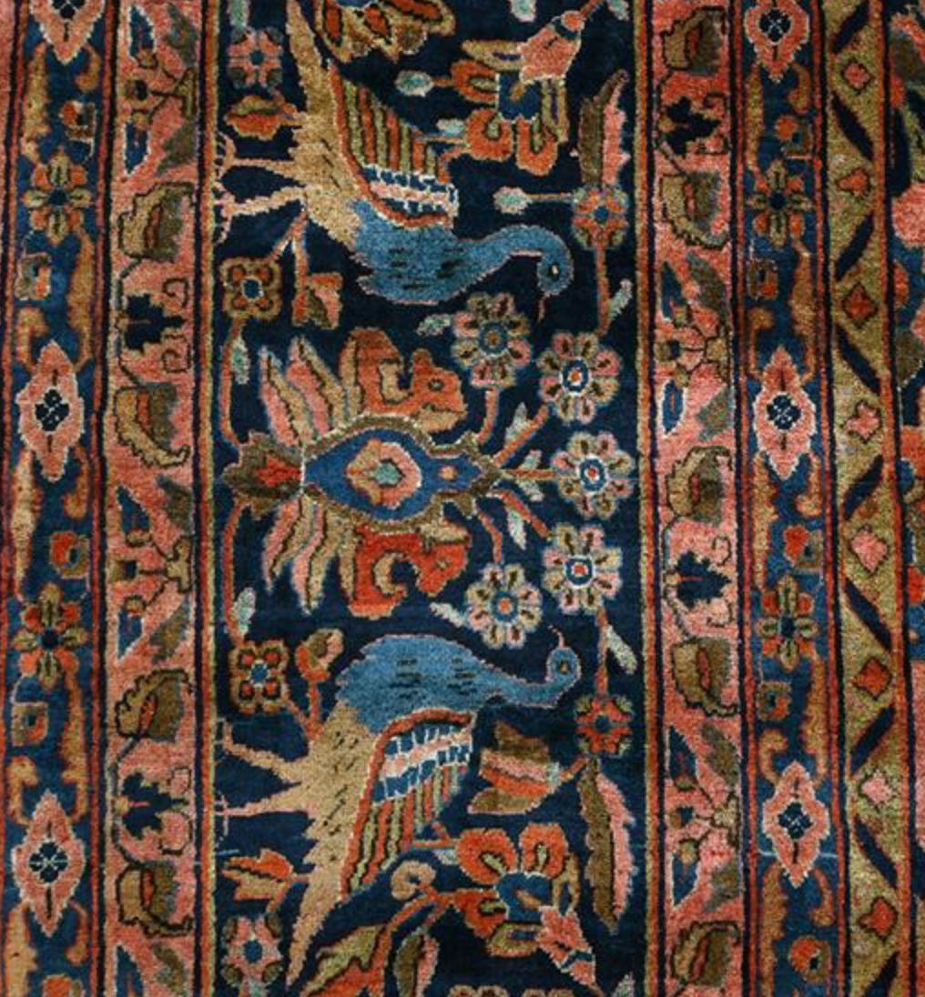 Persian Antique Manchester Kashan - 8' 07" x 11' 08" - Pink Peach Salmon & Dark Blue (Navy) - Hand Knotted Antique Persian Wool Manchester Kashan Rug - Traditional Classic Antique Rug