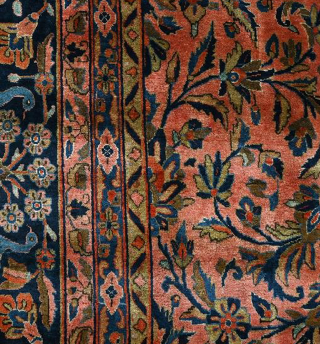 Persian Antique Manchester Kashan - 8' 07" x 11' 08" - Pink Peach Salmon & Dark Blue (Navy) - Hand Knotted Antique Persian Wool Manchester Kashan Rug - Traditional Classic Antique Rug