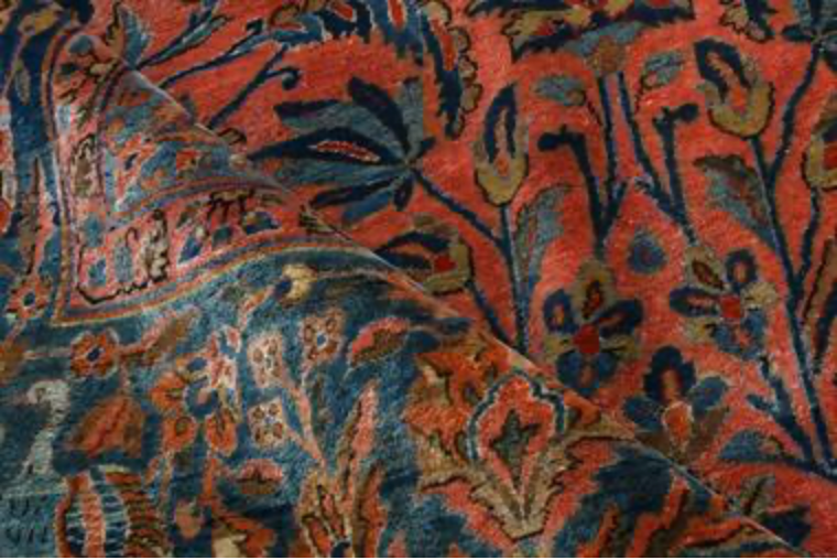 Persian Antique Manchester Kashan - 8' 07" x 11' 08" - Pink Peach Salmon & Dark Blue (Navy) - Hand Knotted Antique Persian Wool Manchester Kashan Rug - Traditional Classic Antique Rug