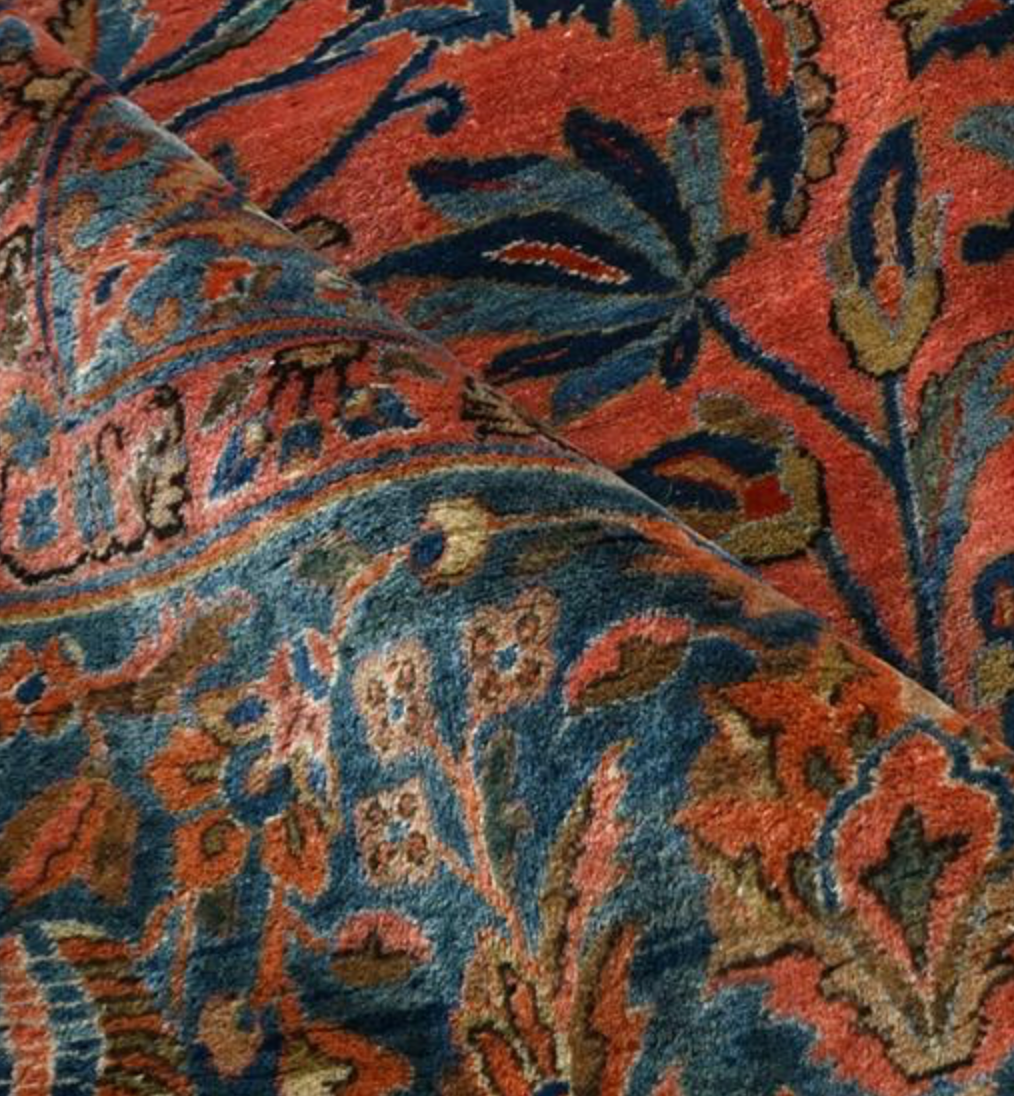Persian Antique Manchester Kashan - 8' 07" x 11' 08" - Pink Peach Salmon & Dark Blue (Navy) - Hand Knotted Antique Persian Wool Manchester Kashan Rug - Traditional Classic Antique Rug