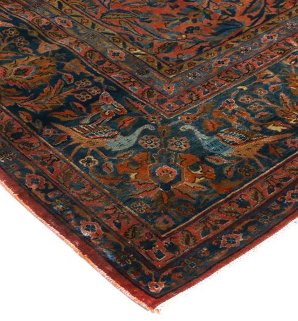 Persian Antique Manchester Kashan - 8' 07" x 11' 08" - Pink Peach Salmon & Dark Blue (Navy) - Hand Knotted Antique Persian Wool Manchester Kashan Rug - Traditional Classic Antique Rug