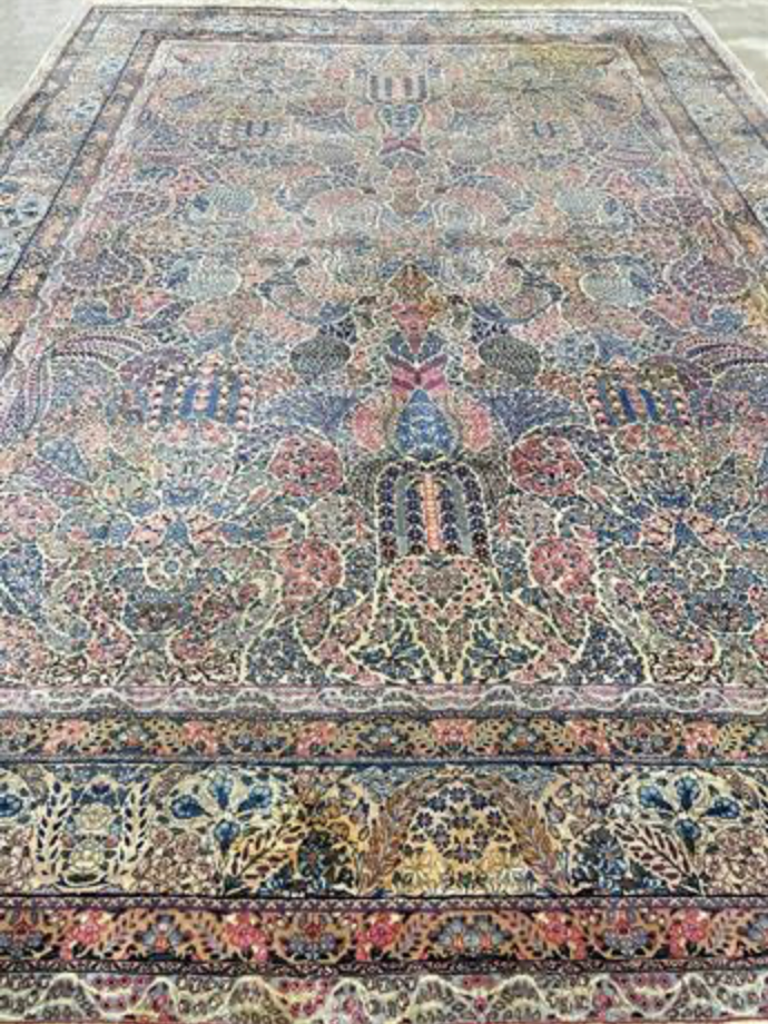 Antique Persian Kerman Circa 1910 - 9' 08" x 13' 06" - Ivory Blue Pink - Hand Knotted Antique Persian Wool Kerman Rug - Traditional Classic Antique Rug