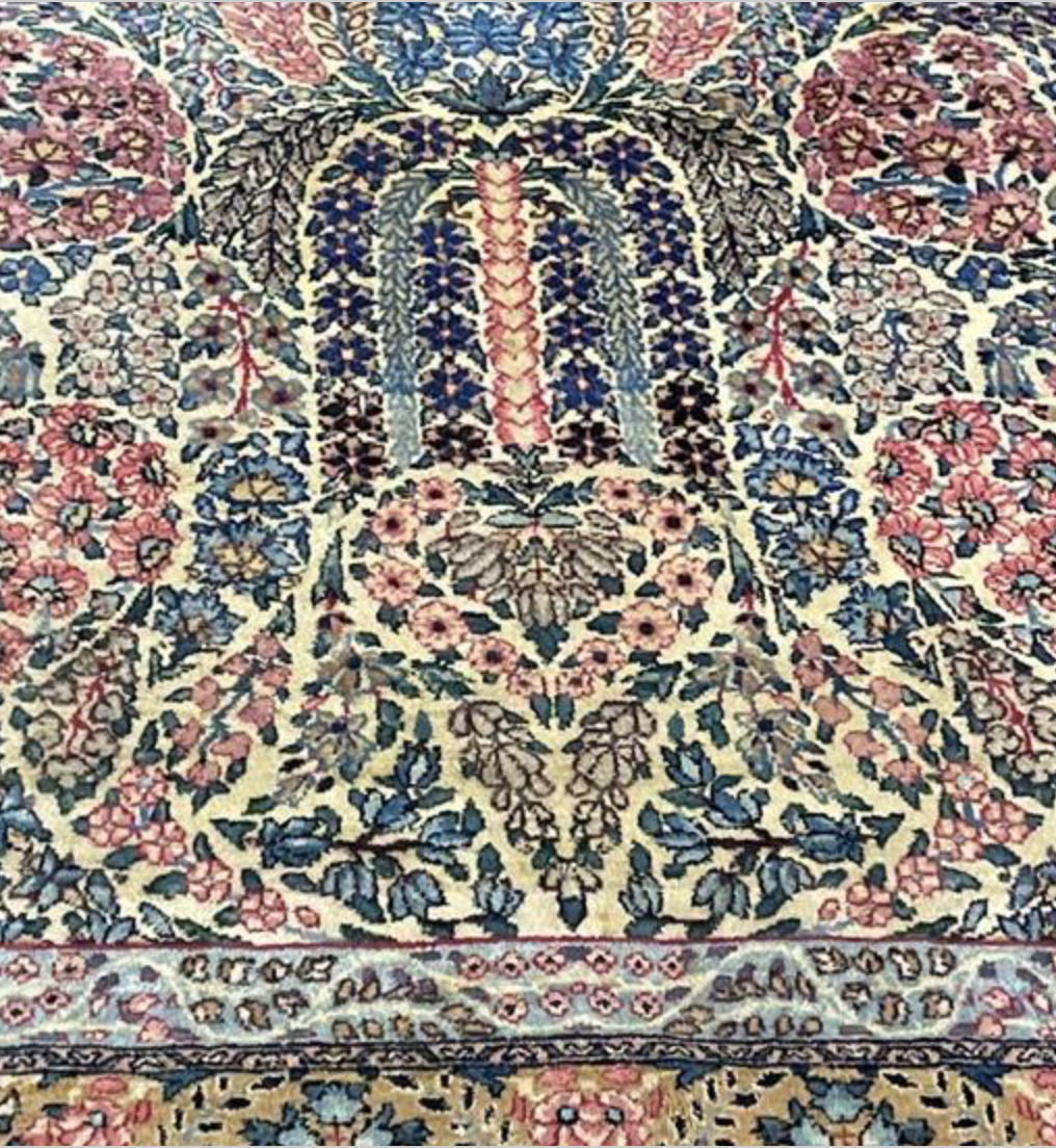 Antique Persian Kerman Circa 1910 - 9' 08" x 13' 06" - Ivory Blue Pink - Hand Knotted Antique Persian Wool Kerman Rug - Traditional Classic Antique Rug