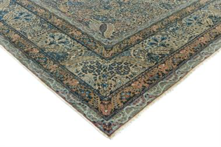 Antique Persian Kerman Circa 1910 - 9' 08" x 13' 06" - Ivory Blue Pink - Hand Knotted Antique Persian Wool Kerman Rug - Traditional Classic Antique Rug