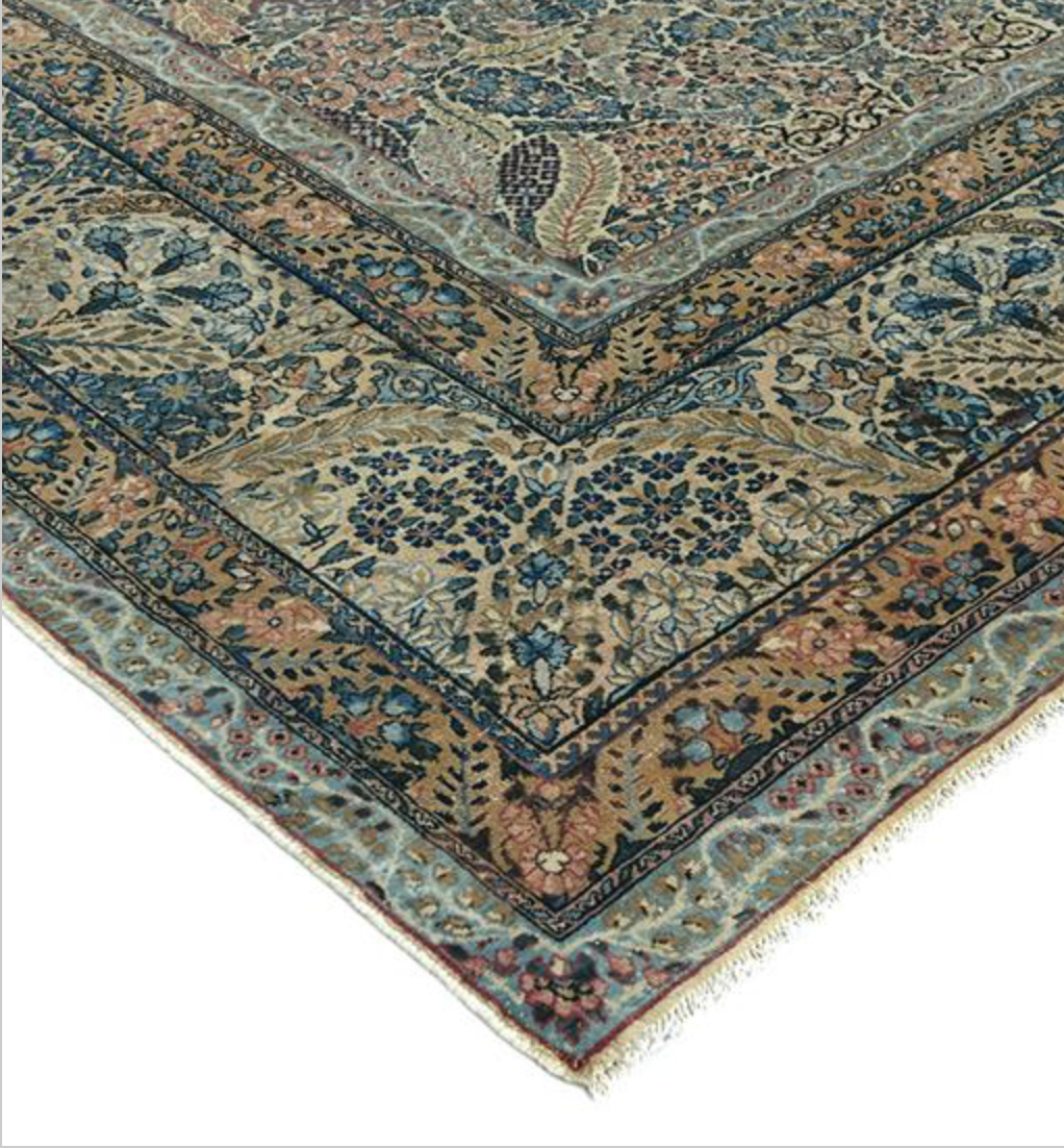 Antique Persian Kerman Circa 1910 - 9' 08" x 13' 06" - Ivory Blue Pink - Hand Knotted Antique Persian Wool Kerman Rug - Traditional Classic Antique Rug