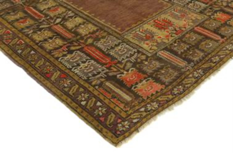 Antique Turkish Prayer Rug - 3' 04" x 4' 09" - Brown Grey Red - Hand Knotted Antique Wool Turkish Prayer Rug - Traditional Classic Antique Rug