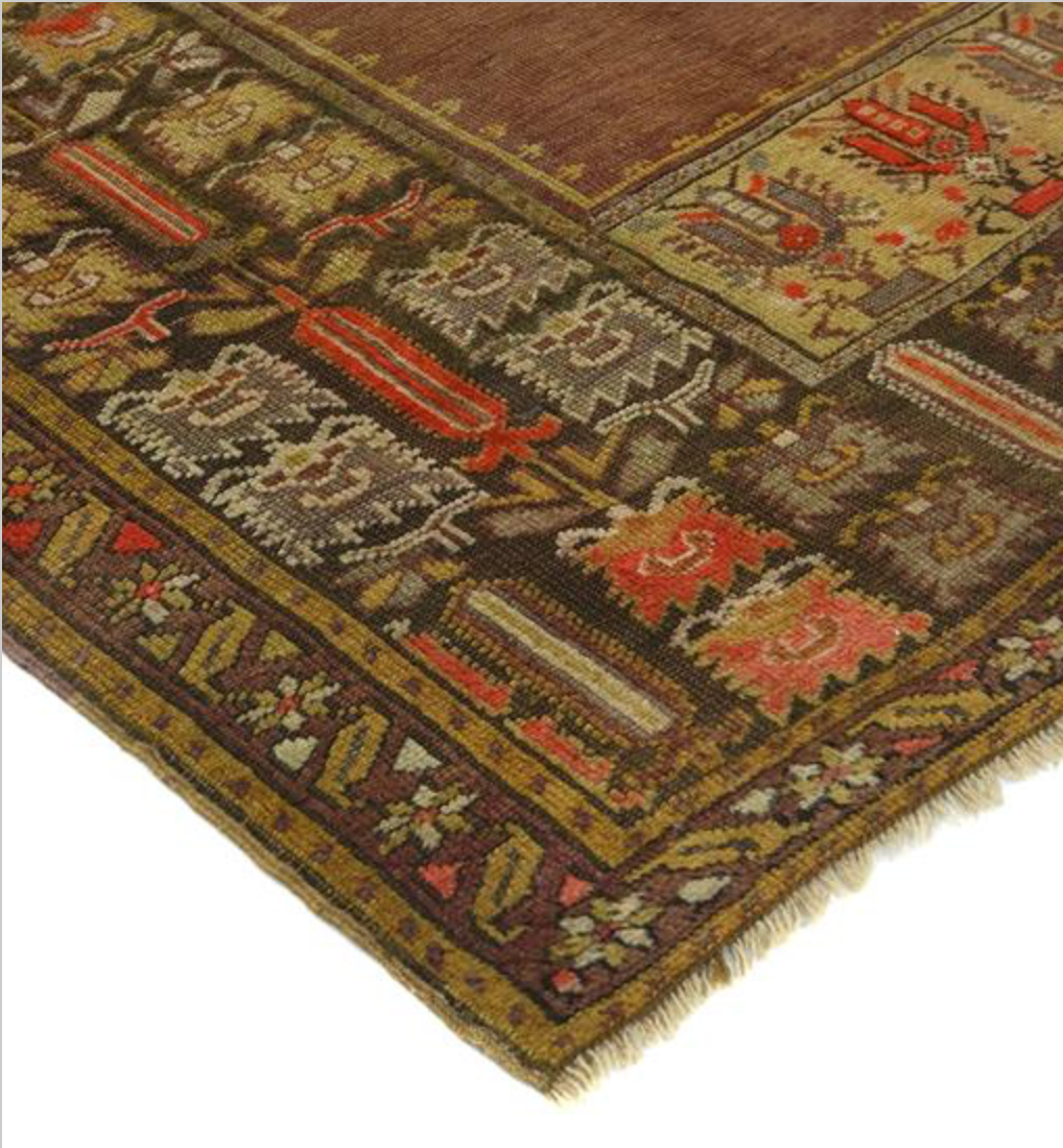 Antique Turkish Prayer Rug - 3' 04" x 4' 09" - Brown Grey Red - Hand Knotted Antique Wool Turkish Prayer Rug - Traditional Classic Antique Rug