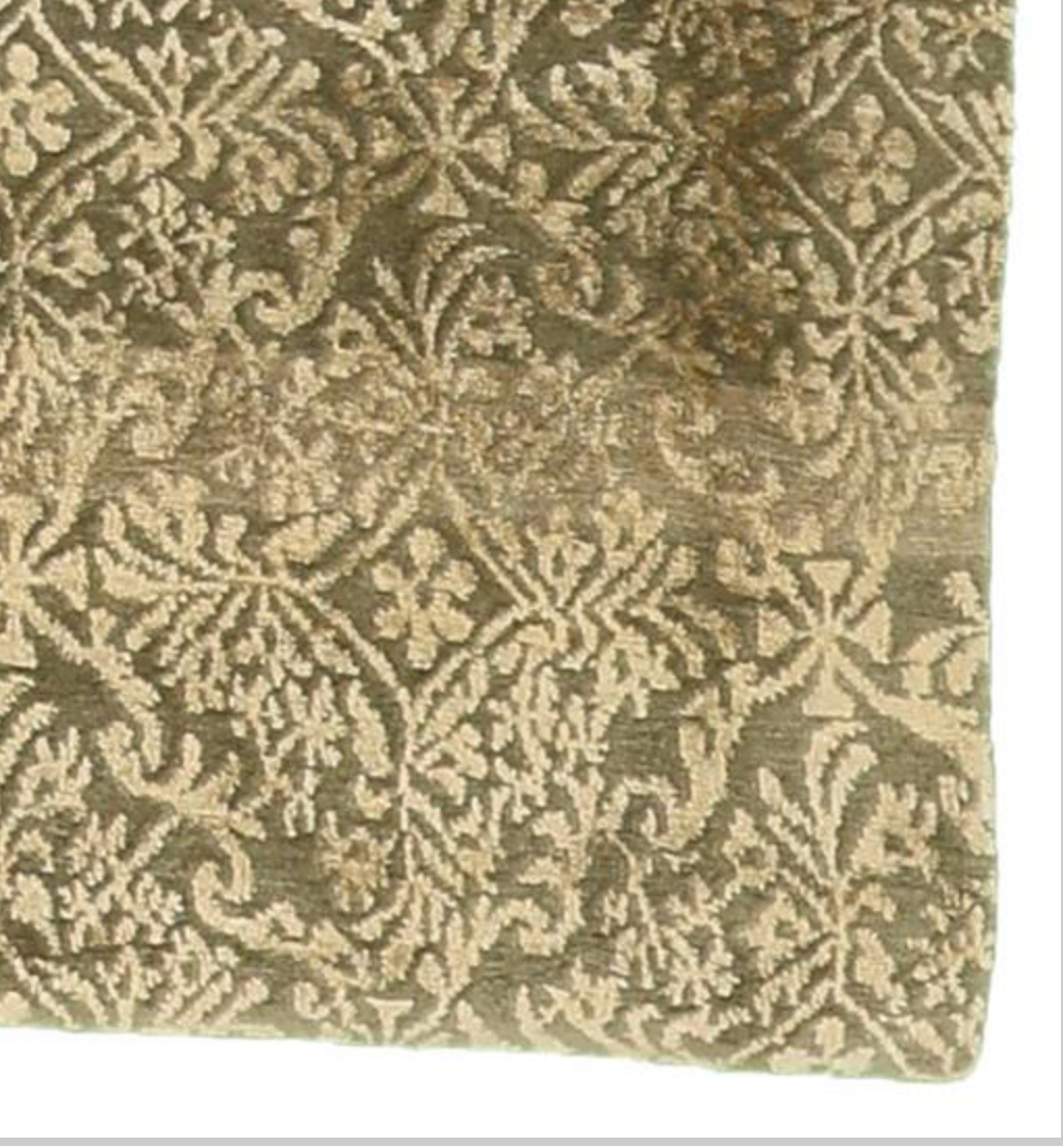 Tibetan Nepalese Damask Silk & Wool - 11' 08" x 15' 00" - Olive Green & Gold - Wool & Silk Contemporary Modern Area Rug - Nepal Tibet