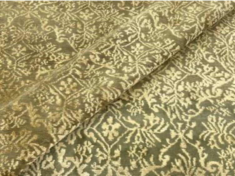 Tibetan Nepalese Damask Silk & Wool - 11' 08" x 15' 00" - Olive Green & Gold - Wool & Silk Contemporary Modern Area Rug - Nepal Tibet