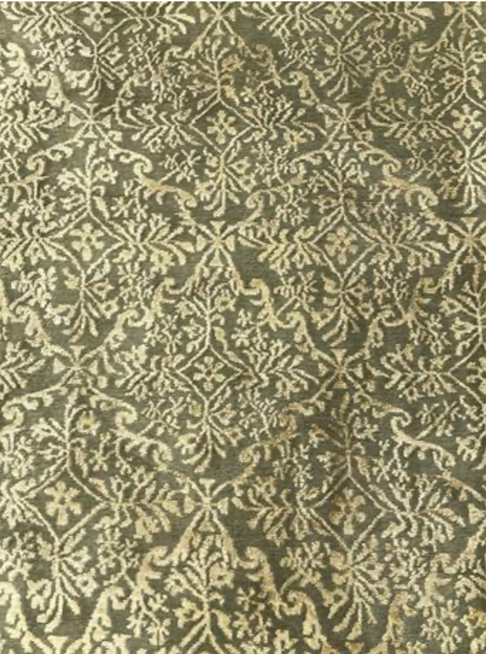 Tibetan Nepalese Damask Silk & Wool - 11' 08" x 15' 00" - Olive Green & Gold - Wool & Silk Contemporary Modern Area Rug - Nepal Tibet