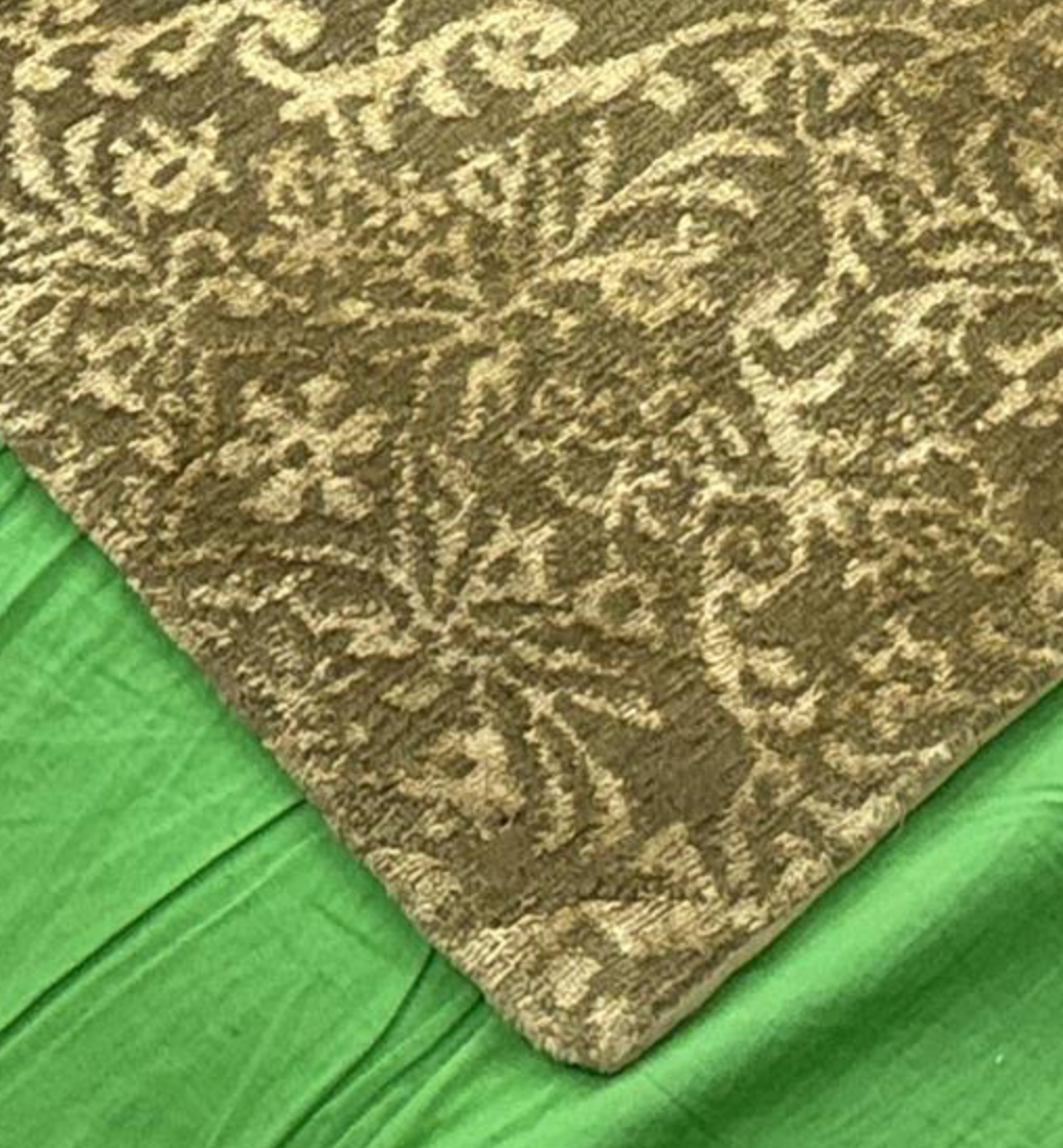 Tibetan Nepalese Damask Silk & Wool - 11' 08" x 15' 00" - Olive Green & Gold - Wool & Silk Contemporary Modern Area Rug - Nepal Tibet