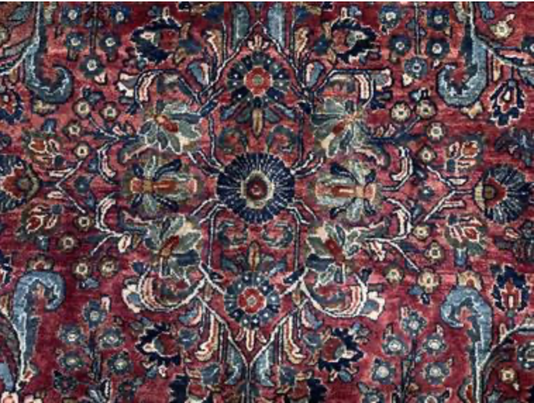 Persian Antique Sarouk - 8' 00" x 9' 10" - Red & Blue - Hand Knotted Antique Persian Wool Sarouk Rug - Traditional Classic Antique Rug