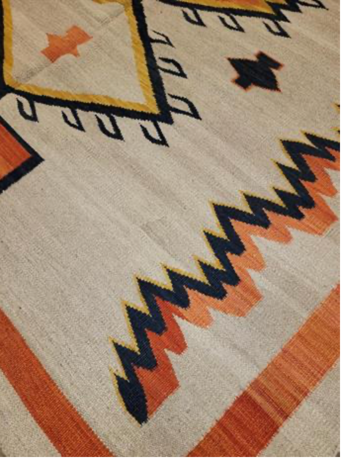 Santafe Collection - 5'x8' 6'x9' 8'x10' - Beige Orange Navy - Hand Woven Flat Weave Rug - Southwestern Tribal Rug