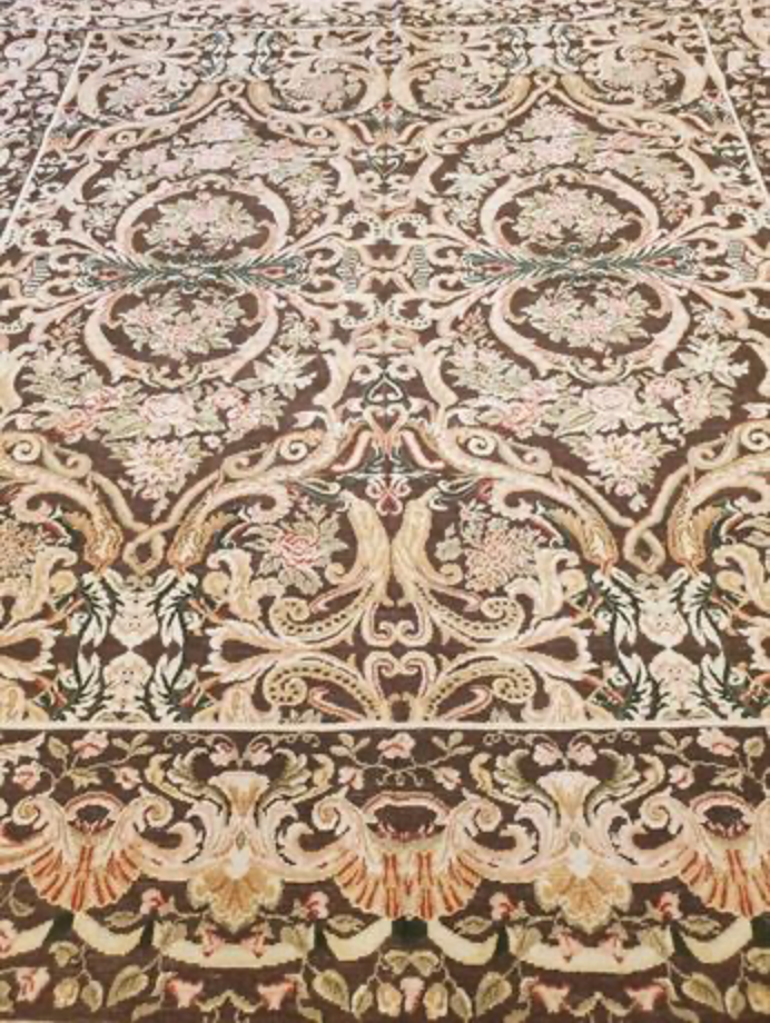 Abadjian Limited Series -  10' 00" x 10' 11" Rug - Dark Brown, Green, Blue, Rose/Salmon - Hand Knotted High Low Wool Area Rug - Traditional Classic Romanian Rug