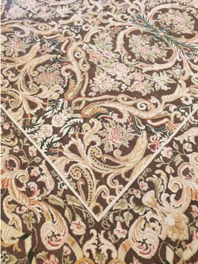 Abadjian Limited Series -  10' 00" x 10' 11" Rug - Dark Brown, Green, Blue, Rose/Salmon - Hand Knotted High Low Wool Area Rug - Traditional Classic Romanian Rug
