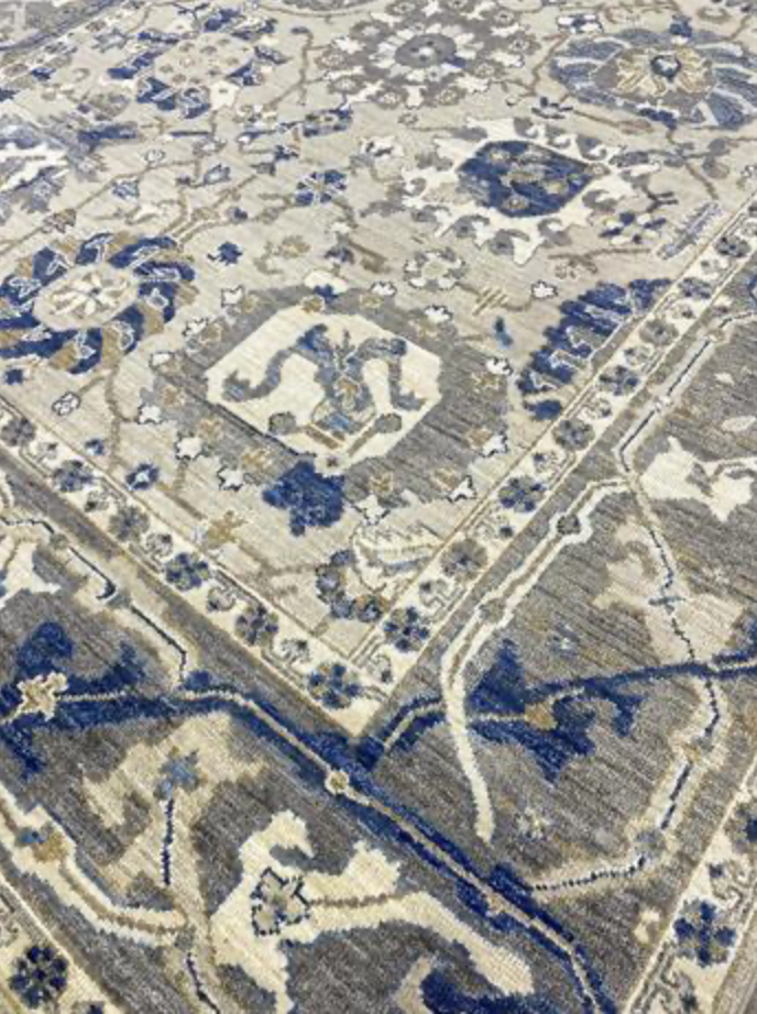 Anatolian Collection - 9' 01" x 11' 11" - Gray Blue White - Hand Knotted Wool Area Rug - Traditional Classic Rug