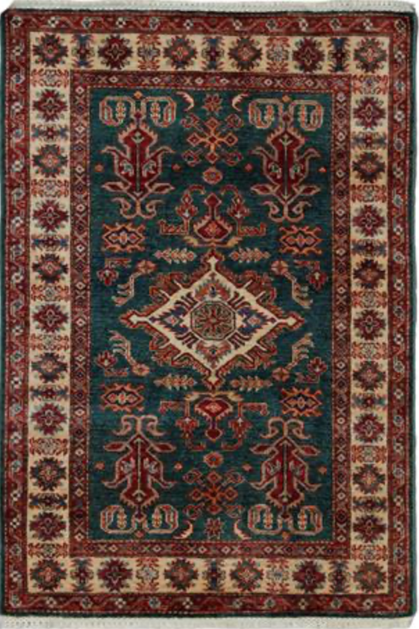 Caucasian Collection Super Kazak - 3' 06" x 5' 02" - Green Ivory Multicolor - Hand Knotted Wool Traditional Classic Rug