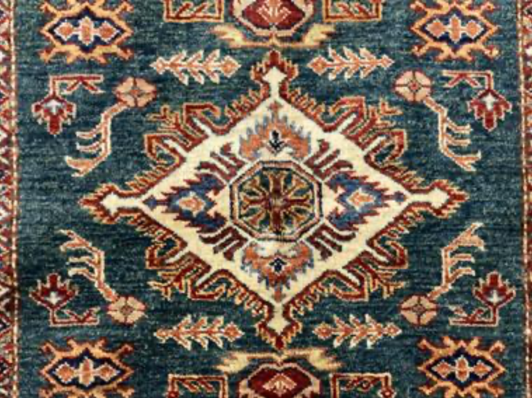 Caucasian Collection Super Kazak - 3' 06" x 5' 02" - Green Ivory Multicolor - Hand Knotted Wool Traditional Classic Rug
