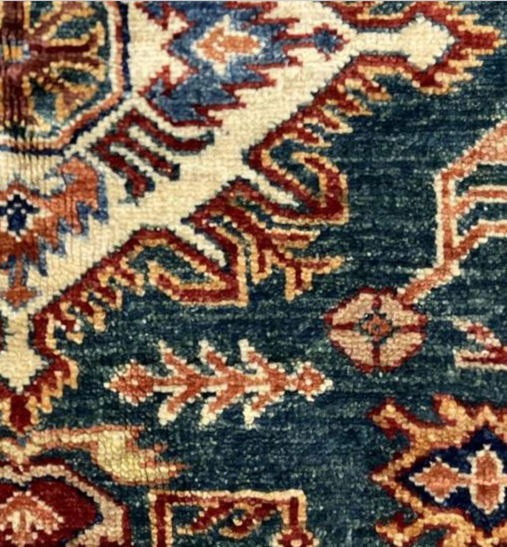 Caucasian Collection Super Kazak - 3' 06" x 5' 02" - Green Ivory Multicolor - Hand Knotted Wool Traditional Classic Rug