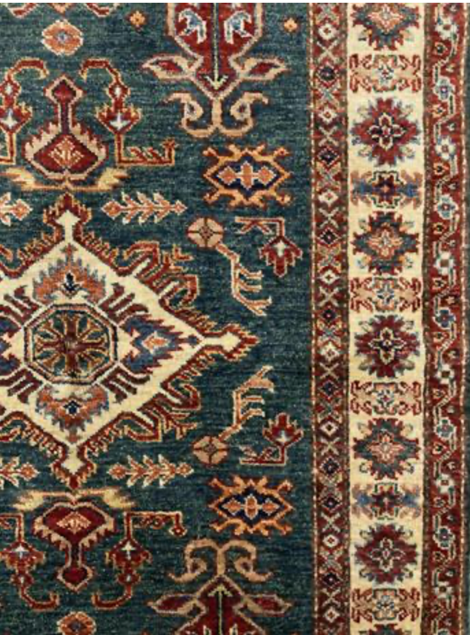 Caucasian Collection Super Kazak - 3' 06" x 5' 02" - Green Ivory Multicolor - Hand Knotted Wool Traditional Classic Rug