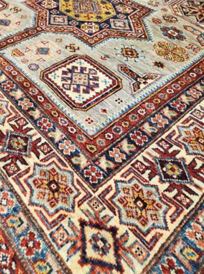 Caucasian Collection Super Kazak - 5' 08" x 7' 10" - Grey Ivory Multicolor - Hand Knotted Wool Traditional Classic Rug