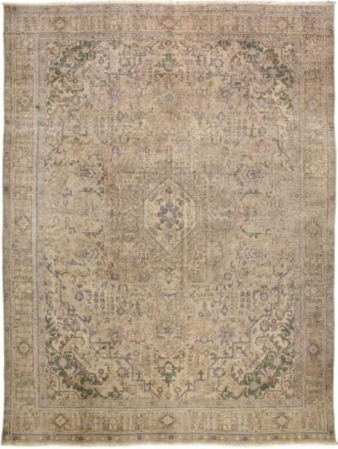 Vintage Persian Tabriz Heriz - 9' 07" x 12' 11" - Beige Blue Green Brown - Hand Knotted Wool Vintage Persian Tabriz Heriz Rug