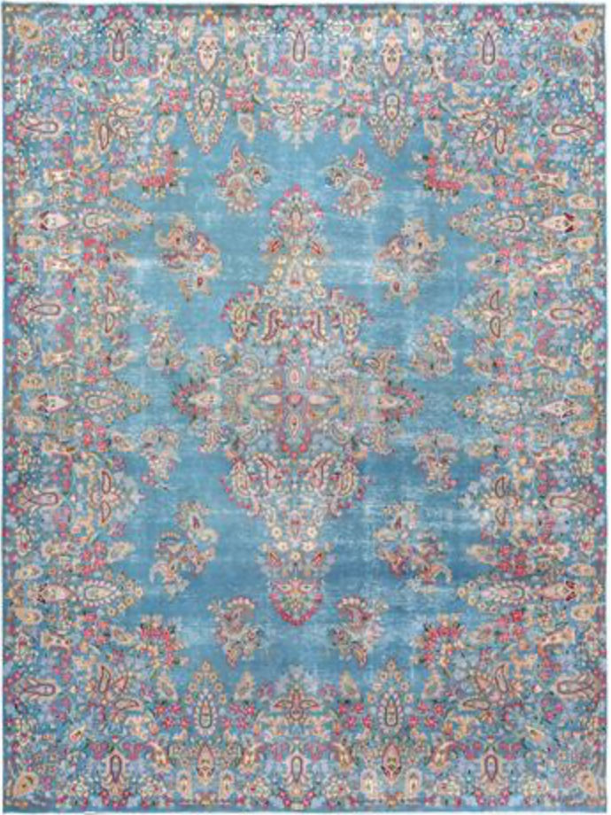 Vintage Renaissance Collection - 9' 10" x 13' 00" - Blue Multicolor - Hand Knotted Wool Distressed Classic Floral Traditional Rustic Rug