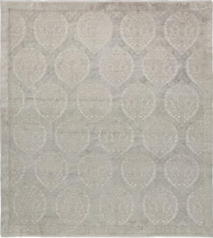 Damask Collection - 10' 02" x 11' 04" - Grey & White - Hand Knotted Wool High Low Damask Traditional Classic Rug
