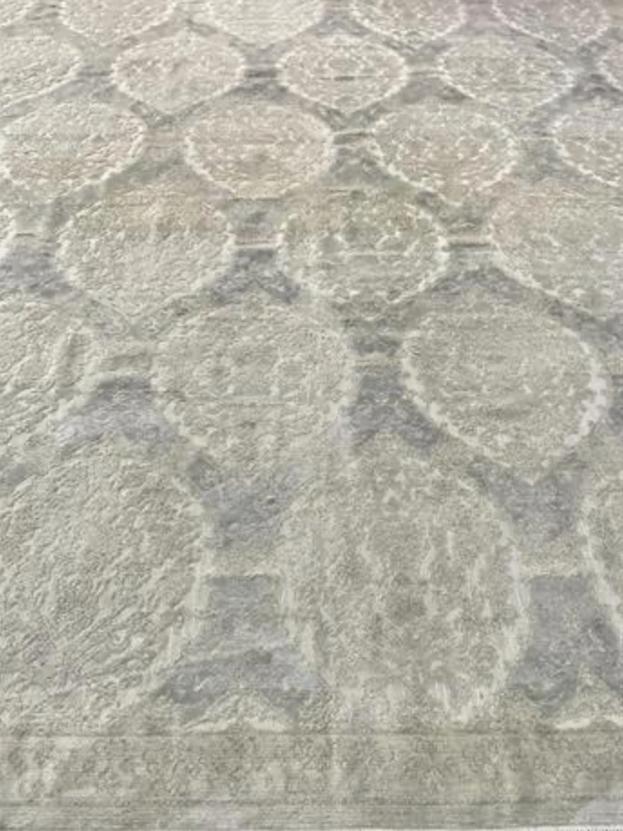 Damask Collection - 10' 02" x 11' 04" - Grey & White - Hand Knotted Wool High Low Damask Traditional Classic Rug