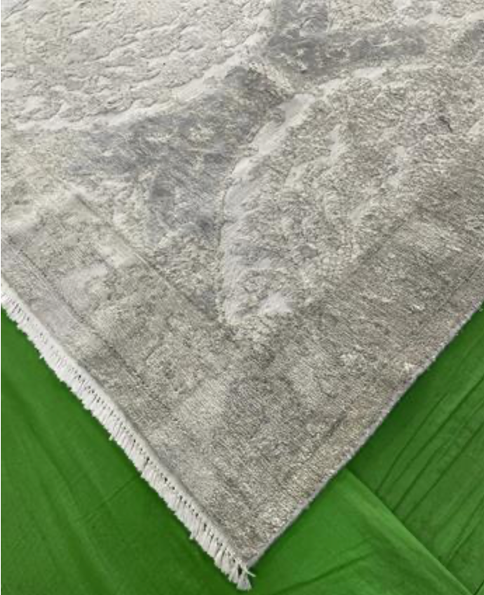 Damask Collection - 10' 02" x 11' 04" - Grey & White - Hand Knotted Wool High Low Damask Traditional Classic Rug