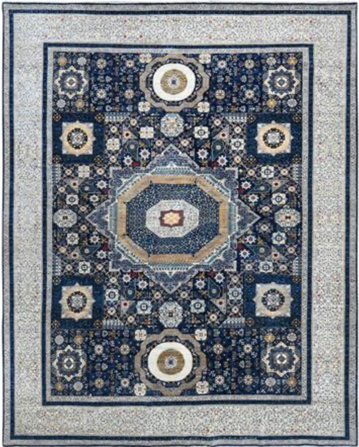 Farahan Collection Mamluk Design - 9' 03" x 11' 05" Area Rug - Navy Beige Multicolor - Hand Knotted Wool Tribal Rustic Traditional Classic Rug