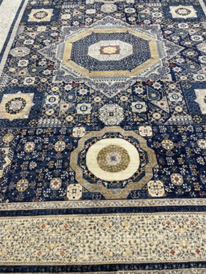 Farahan Collection Mamluk Design - 9' 03" x 11' 05" Area Rug - Navy Beige Multicolor - Hand Knotted Wool Tribal Rustic Traditional Classic Rug
