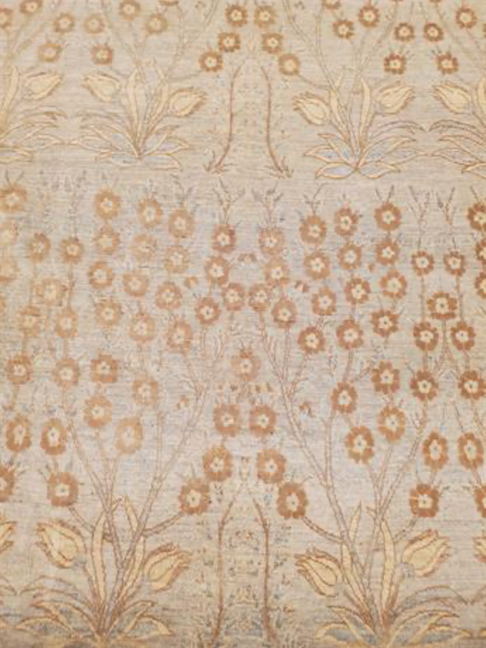 Farahan Collection With Silk - 3' 09" x 11' 11" Runner - Grey Blue Rust - Hand Knotted Wool & Silk Modern Contemporary Floral Runner