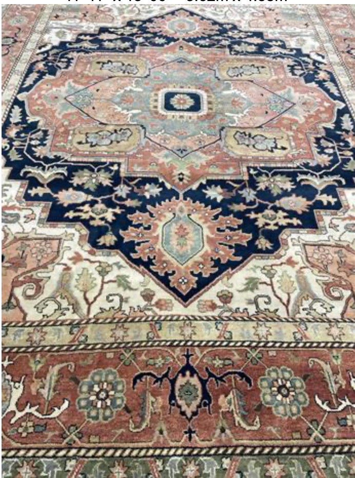 Heriz Classic Rug - 11' 11" x 15' 00" - Blue Peach Beige - Hand Knotted Wool Traditional Heriz Rug