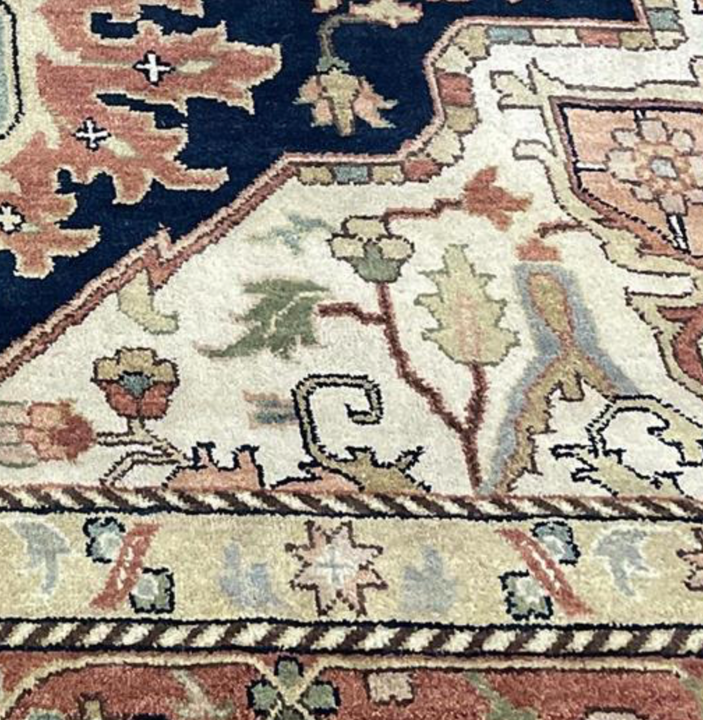 Heriz Classic Rug - 11' 11" x 15' 00" - Blue Peach Beige - Hand Knotted Wool Traditional Heriz Rug